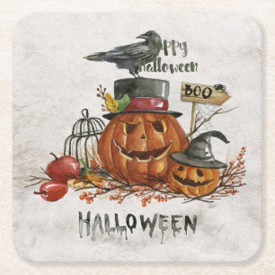 Dessous-de-verre Carré En Papier Citrouilles de la peur de l'aquarelle d'Halloween