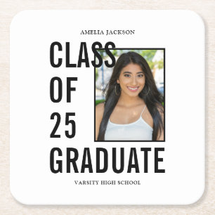 Dessous-de-verre Carré En Papier Classe De 25 Black & White Photo Graduation Party