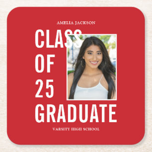 Dessous-de-verre Carré En Papier Classe De 25 Festive Red Photo Graduation Party