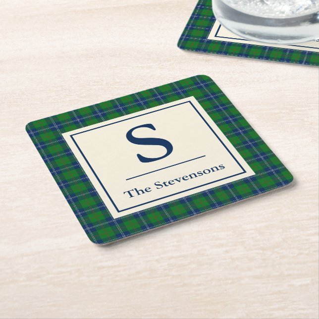Dessous-de-verre Carré En Papier Classic Bleu Vert Tartan Plaid Personnalisé (Incliné)