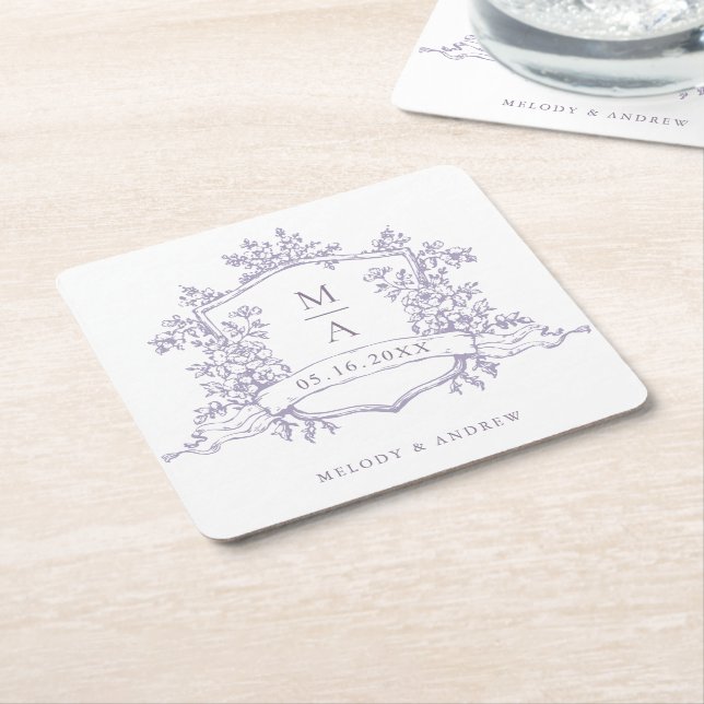 Dessous-de-verre Carré En Papier Classique Monogrammes de Crête Florale de Lavande  (Incliné)