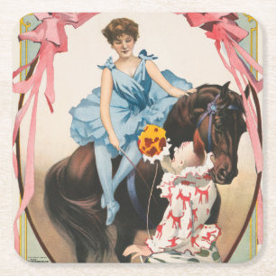 Dessous-de-verre Carré En Papier Clown Distribuant Des Fleurs À Une Femme À Cheval
