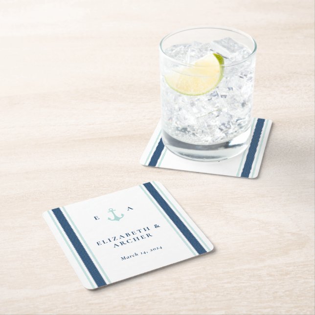 Dessous-de-verre Carré En Papier Cocktail Mariage Monogramme nautique (En situation)