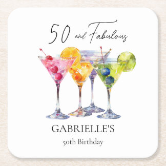 Dessous-de-verre Carré En Papier Cocktail Martini Aquarelle Joyeux 50e Anniversaire