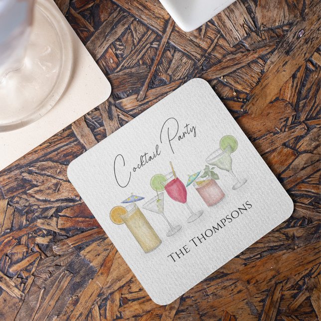 Dessous-de-verre Carré En Papier Cocktail simple Boissons Aquarelle Fête Whimsical (Cute cocktail party custom paper coaster)