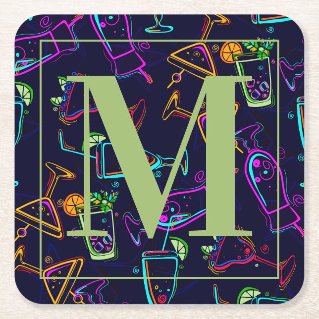 Dessous-de-verre Carré En Papier Cocktails Neon sur Monogramme noir (Devant)