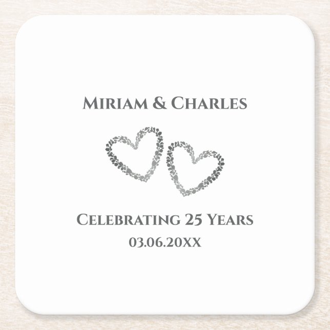 Dessous-de-verre Carré En Papier Coeur élégant personnalisé Argent 25e anniversaire (Devant)