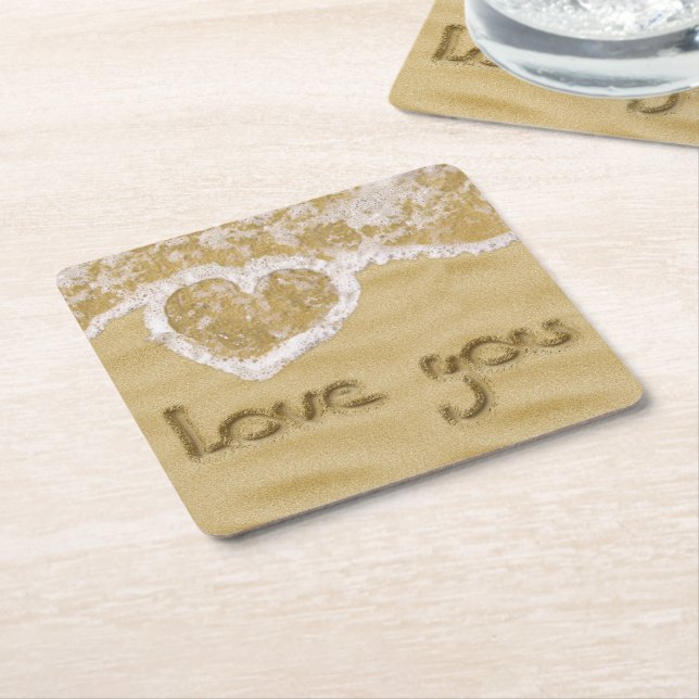 Dessous-de-verre Carré En Papier Coeur "Love you" écrit dans Sable (Incliné)