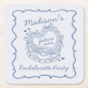 Dessous-de-verre Carré En Papier Cœur Rétro Bleu Coquette Gâteau Bachelorette