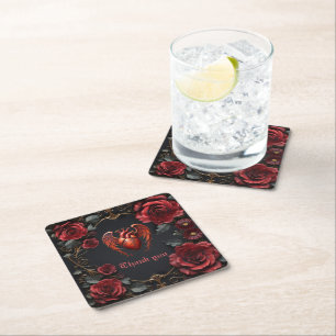 Dessous-de-verre Carré En Papier Coeur rouge gothique avec Rose - Romantique foncé