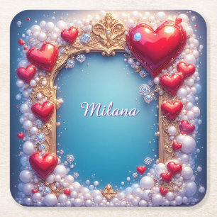 Dessous-de-verre Carré En Papier Cœurs rouges ornés d'or et de perles