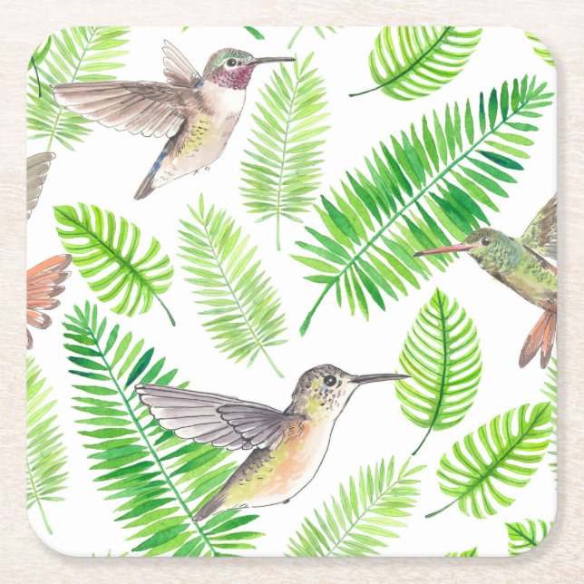 Dessous-de-verre Carré En Papier Colibris et feuilles tropicaux (Devant)