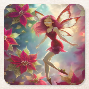 Dessous-de-verre Carré En Papier Collection de fées de Noël - Cheveux rouges Roses