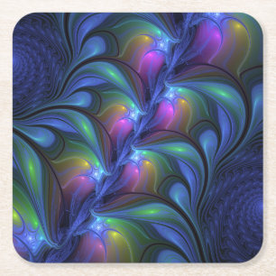 Dessous-de-verre Carré En Papier Coloré Lumineux Abstrait Bleu rose Vert Fractal