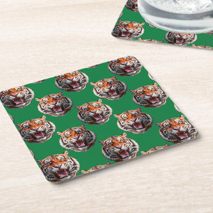 Dessous-de-verre Carré En Papier Conception de motif tête de tigre vert