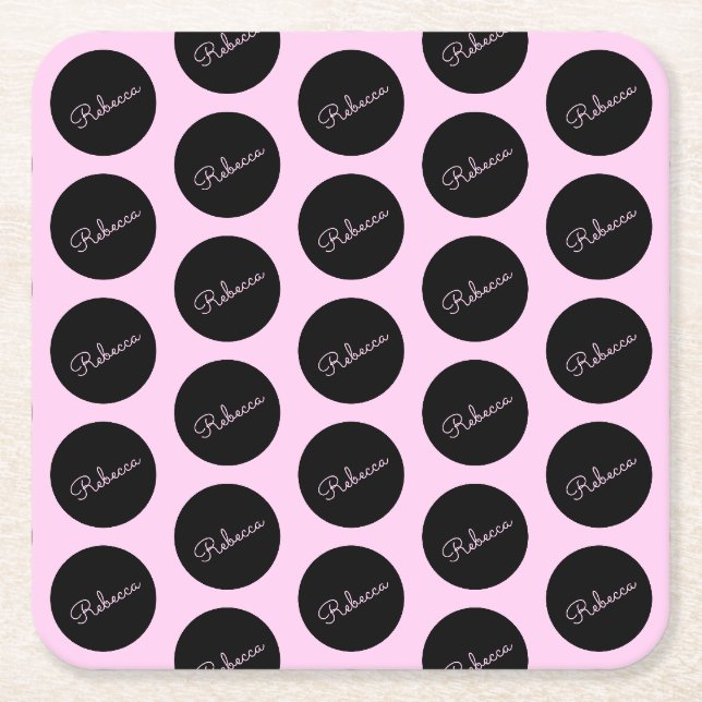 Dessous-de-verre Carré En Papier Conception de points Polka Noir et Rose rétro-mode (Devant)