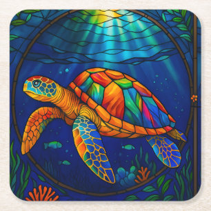 Dessous-de-verre Carré En Papier Conception vibrante de tortue marine en verre colo