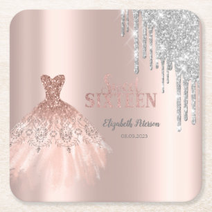 Dessous-de-verre Carré En Papier Cool Parties scintillant Argent, Robe Rose Or