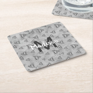 Dessous-de-verre Carré En Papier Cool pizza tranche vintage noir blanc gris Monogra