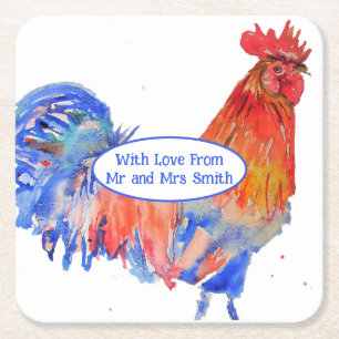 Dessous-de-verre Carré En Papier Coq Rouge Poulet Bleu Aquarelle Mariage