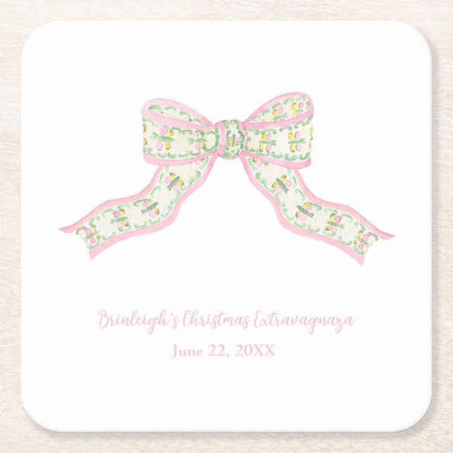 Dessous-de-verre Carré En Papier Coquette de Noël Pink Green Bow (Devant)