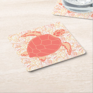 Dessous-de-verre Carré En Papier Corail de tortue de mer rose et blanc