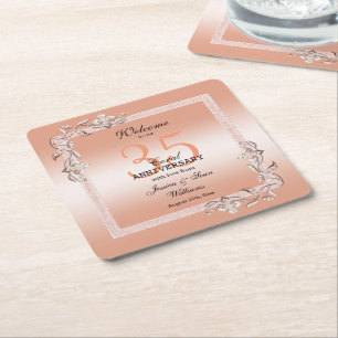 Dessous-de-verre Carré En Papier Coral Gem & Parties scintillant 35e anniversaire