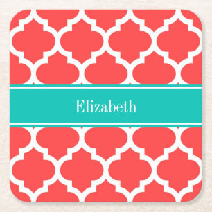 Dessous-de-verre Carré En Papier Coral Red Wht Moroccan #5 Teal Name