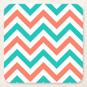 Dessous-de-verre Carré En Papier Coral, Teal, White Large Chevron Zig Zag