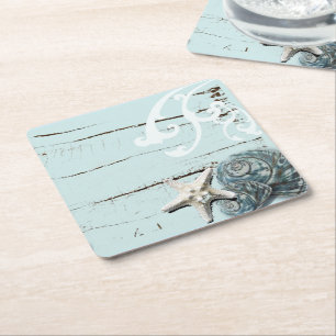 Dessous-de-verre Carré En Papier Côté aqua bleu plage bois étoile coquillage