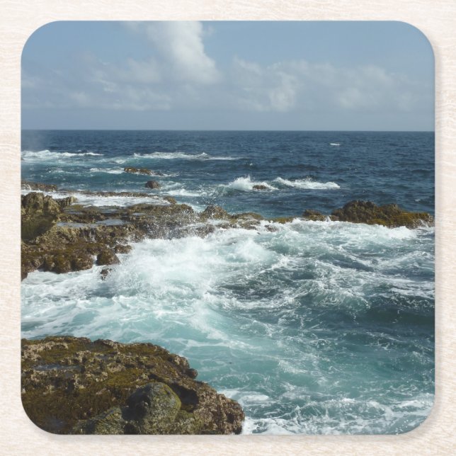 Dessous-de-verre Carré En Papier Côte rocheuse d'Aruba et océan bleu (Devant)