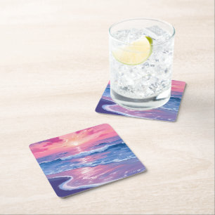 Dessous-de-verre Carré En Papier Coucher de soleil océanique rose vague aquarelle