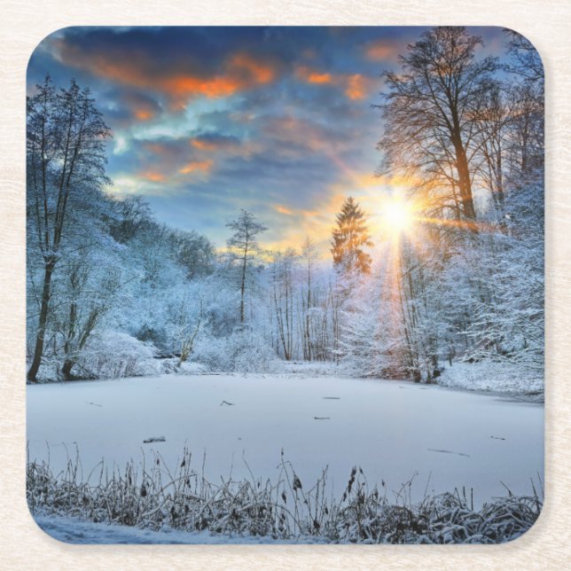 Dessous-de-verre Carré En Papier Coucher du soleil au-dessus de lac forest d'hiver (Devant)