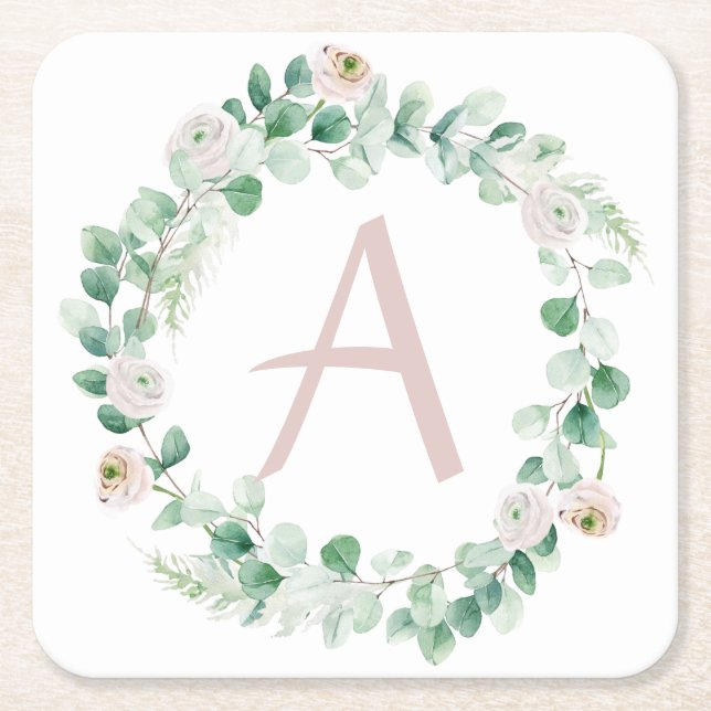 Dessous-de-verre Carré En Papier Couronne de pivoine de printemps avec lettre perso (Devant)