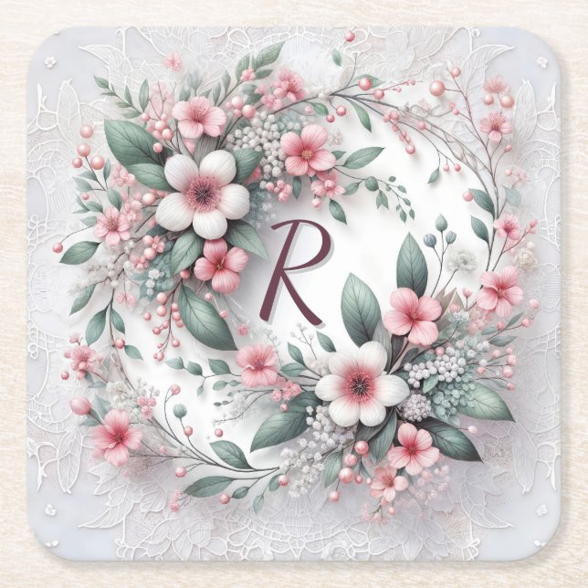Dessous-de-verre Carré En Papier Couronne Florale Monogramme Sur Dentelle (Devant)