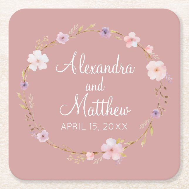 Dessous-de-verre Carré En Papier Couronne Mariage florale (Devant)
