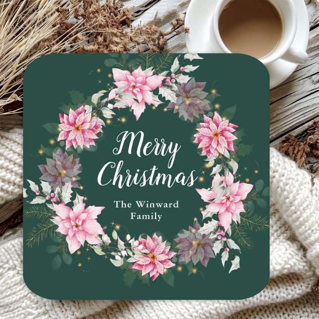 Dessous-de-verre Carré En Papier Couronne rose Poinsettia Joyeux Noël (Créateur téléchargé)