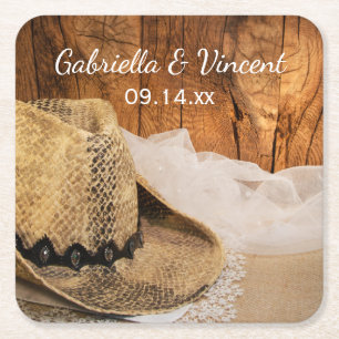 Dessous-de-verre Carré En Papier Cowboy Casquette et Barn Wood Country Western Mari