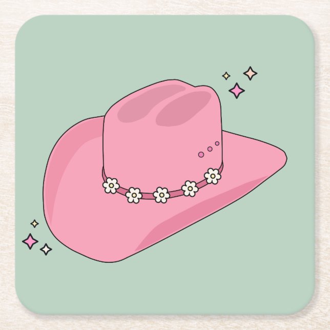 Dessous-de-verre Carré En Papier Cowboy Casquette Preppy Rose Et Vert (Devant)