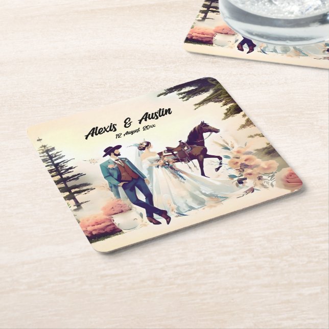 Dessous-de-verre Carré En Papier Cowboy, mariée et Mariage du cheval (Incliné)