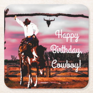 Dessous-de-verre Carré En Papier Cowboy montant un anniversaire de Bronco