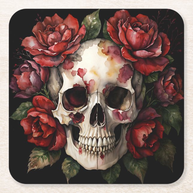 Dessous-de-verre Carré En Papier Crâne aux roses rouges (Devant)