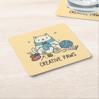 Dessous-de-verre Carré En Papier Creative Paws Cat Knitting Pastel Home Party Decor