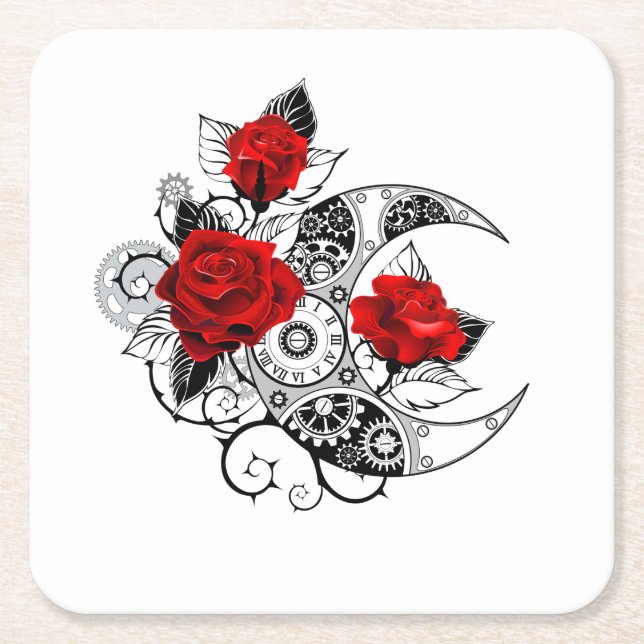 Dessous-de-verre Carré En Papier Croissant mécanique avec roses rouges (Devant)