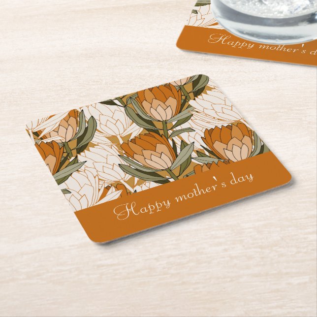 Dessous-de-verre Carré En Papier Custom Classy floral en marron pour la journée de  (Incliné)