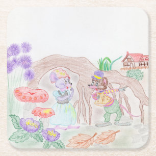 Dessous-de-verre Carré En Papier Custom Kids Artwork, deux mignonnes souris, fleurs