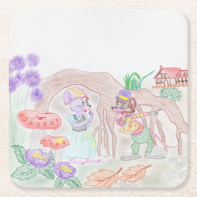 Dessous-de-verre Carré En Papier Custom Kids Artwork, deux mignonnes souris, fleurs (Devant)