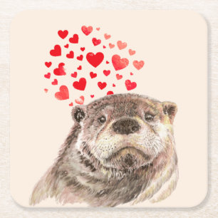 Dessous-de-verre Carré En Papier Cute Aquarelle Otter Coeurs Aimer Humour animal