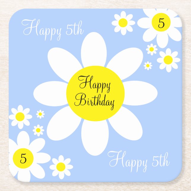 Dessous-de-verre Carré En Papier Cute bleu clair et blanc Floral 5e anniversaire (Devant)
