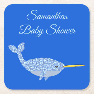 Dessous-de-verre Carré En Papier Cute Blue Baby Boy Narwhal Baby shower personnalis